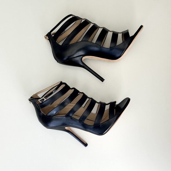 NEW JIMMY CHOO Black Leather Caged Ankle Strap Sandals Size 38.5 - Picture 3 of 14